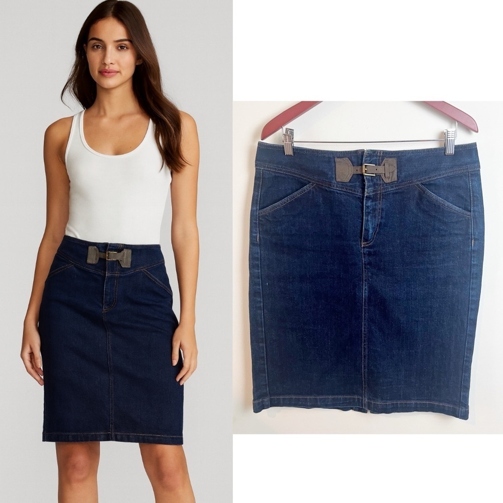 Ralph Lauren Dark Wash Denim Pencil Straight Jean Skirt 10 Stretch Preppy Buckle